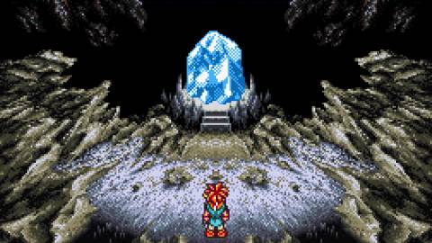 A scene featuring characters by a crystal in Chrono Trigger