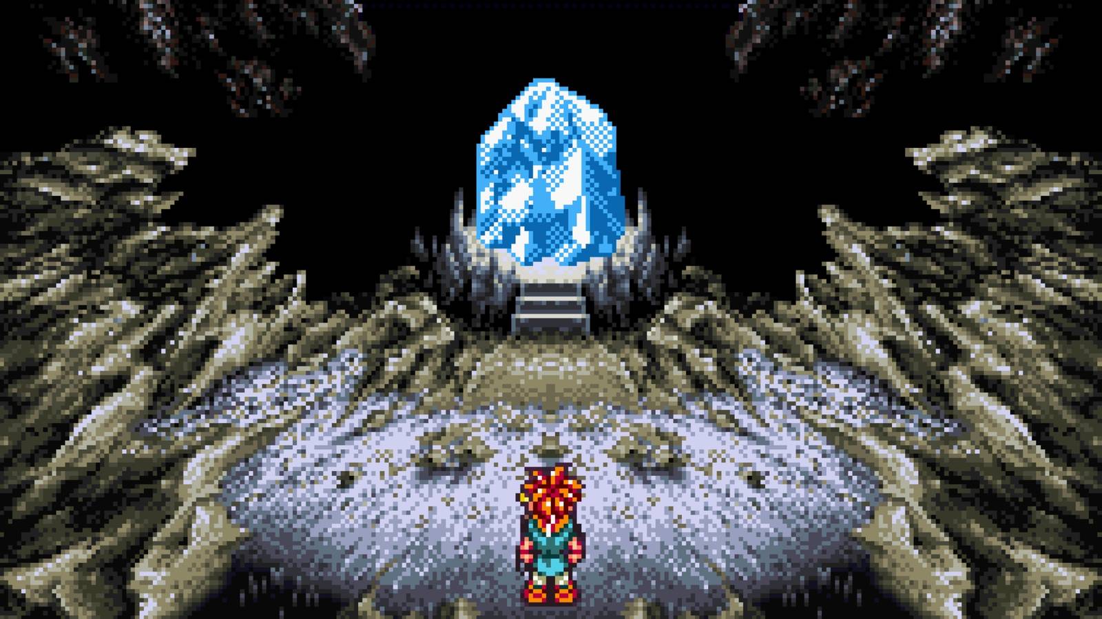 A scene featuring characters by a crystal in Chrono Trigger