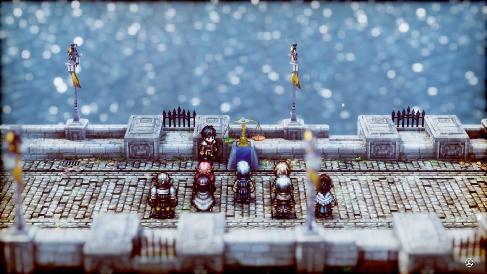 A scene featuring characters by a scale in Triangle Strategy