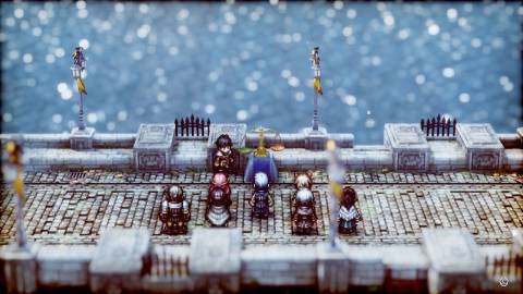 A scene featuring characters by a scale in Triangle Strategy