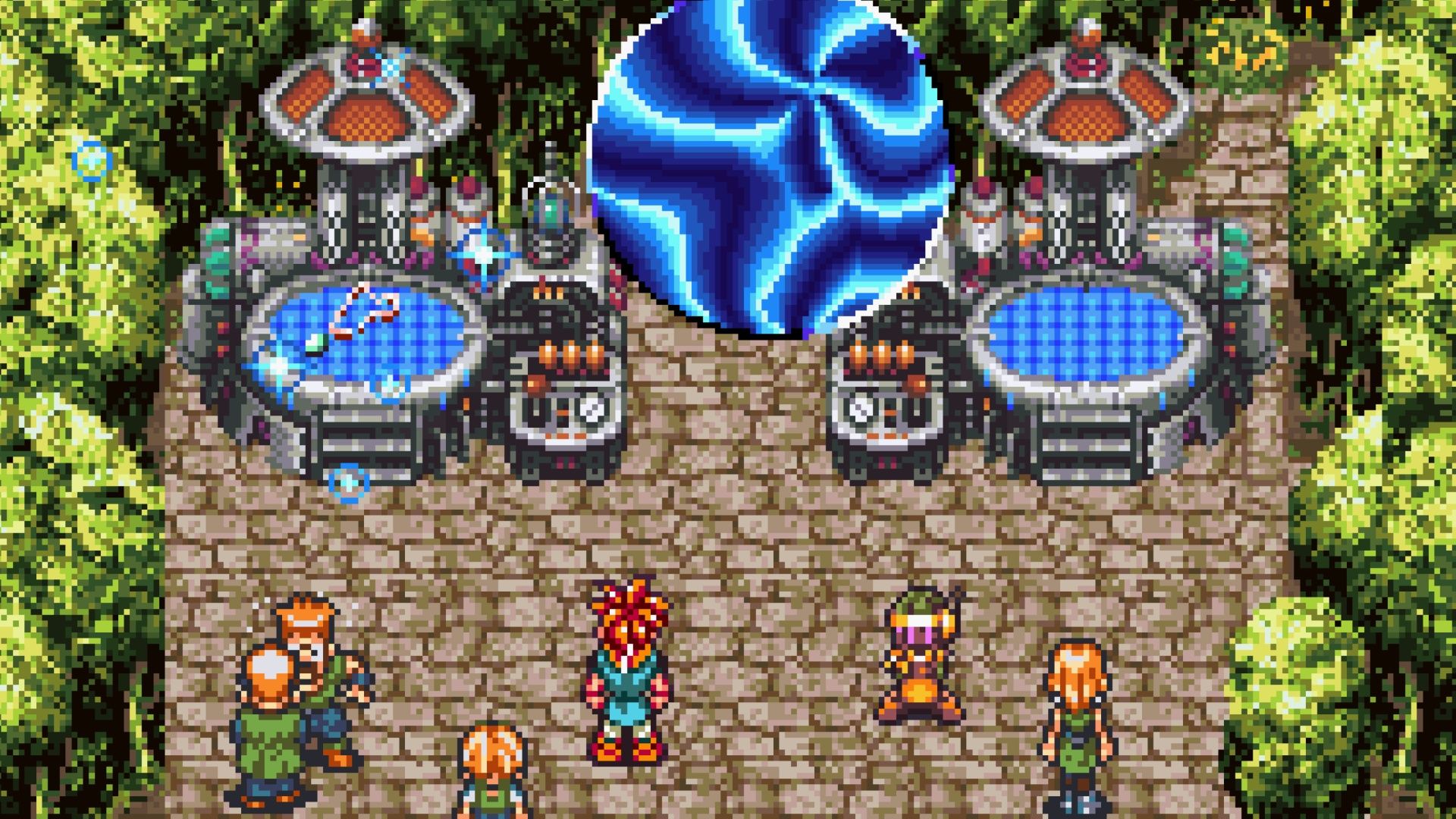 A scene featuring characters by a time portal in Chrono Trigger