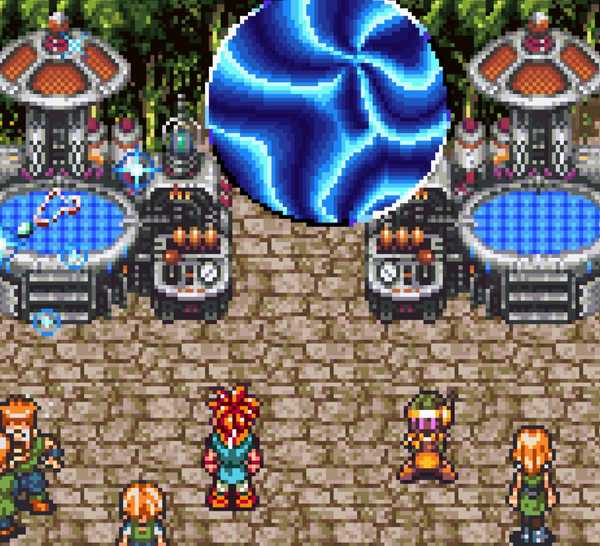 A scene featuring characters by a time portal in Chrono Trigger
