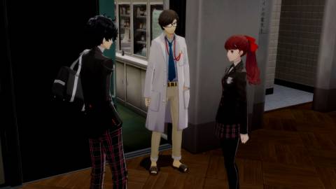 A scene featuring characters in a school in Persona 5 Royal