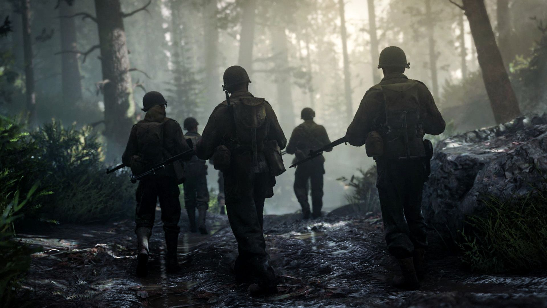 A scene featuring soldiers marching in Call of Duty WWII