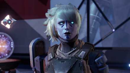 The silver-haired player character and her ghost in Destiny (2014)