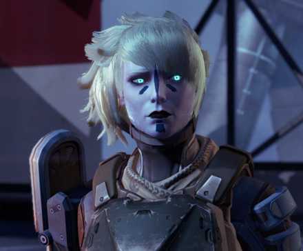 A Silver-haired player character and her ghost in Destiny (2014)