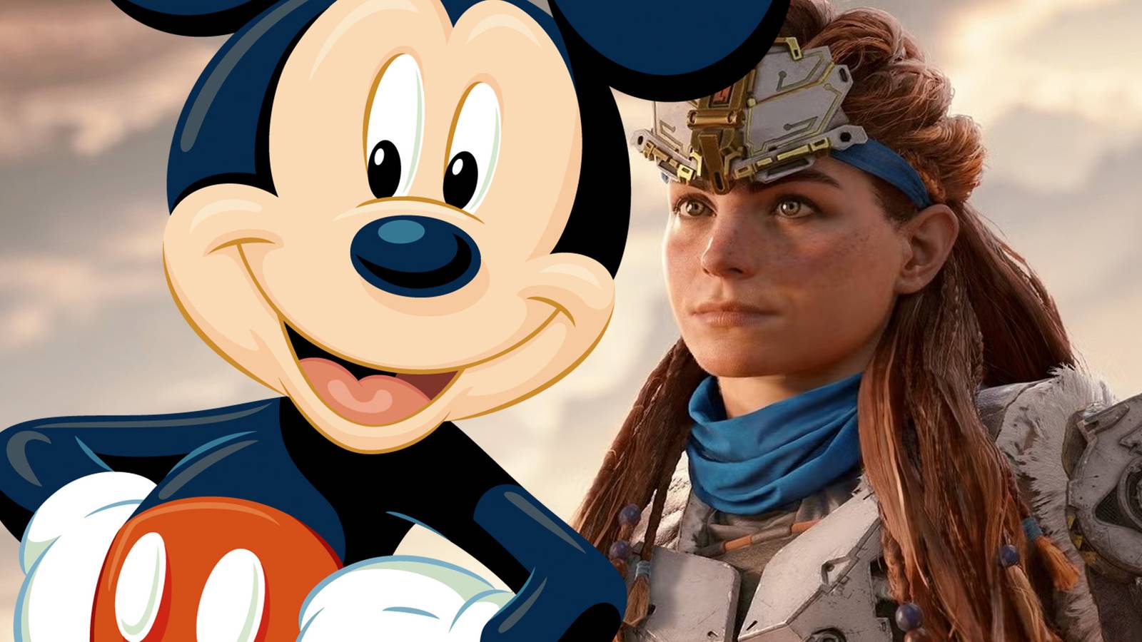 Aloy from Horizon next to Mickey Mouse composite