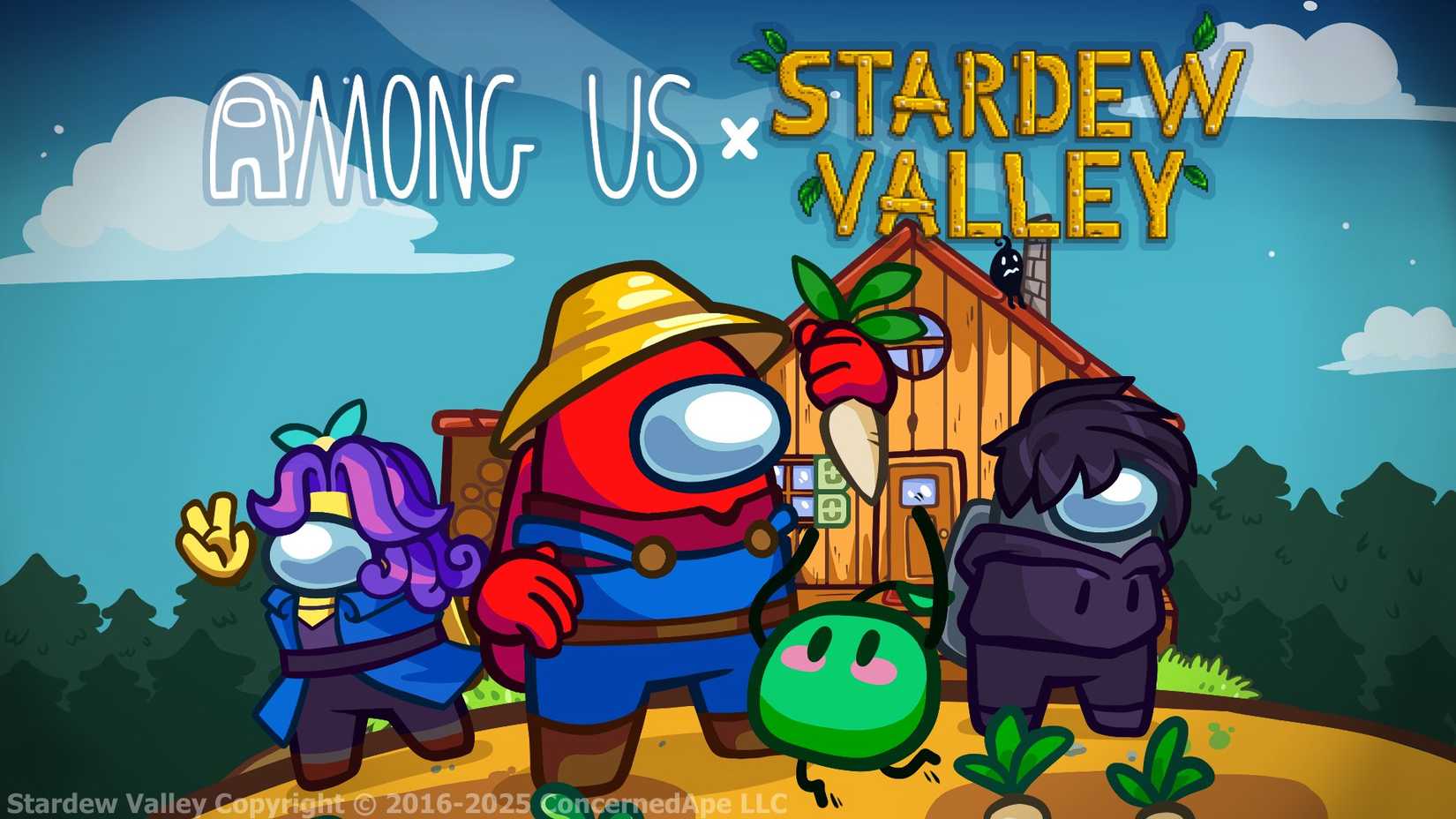 Arte principal da colaboração entre Among Us e Stardew Valley.