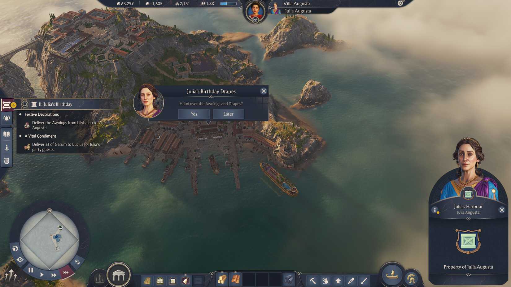 anno-117-pax-romana-campaign-how-long-to-beat-hltb-campaign-walthrough - hand over drapes awnings and garum