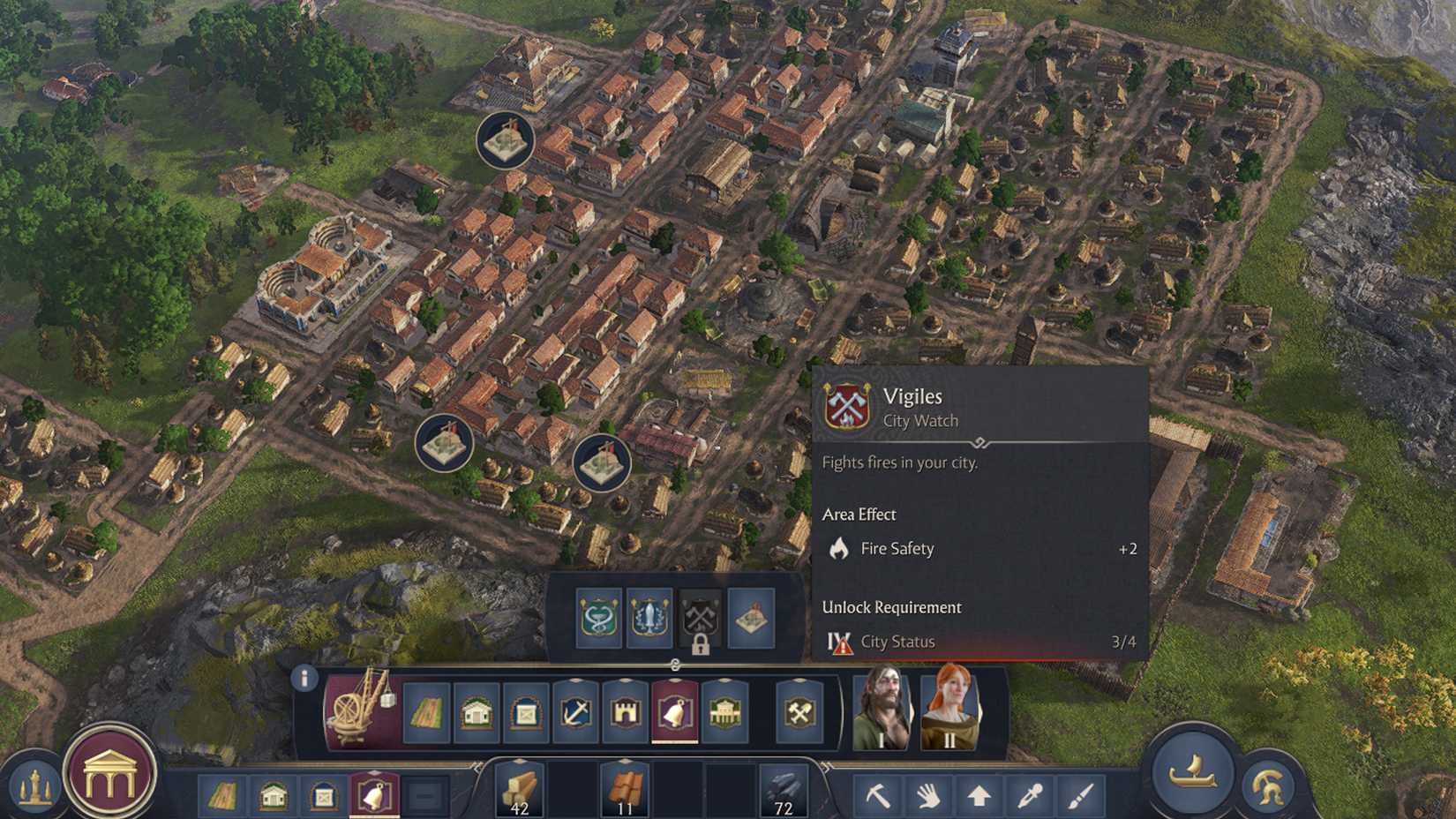 anno-117-pax-romana-how-increase-city-status-level-effect-city-watch- unlock vigiles fire safety watch