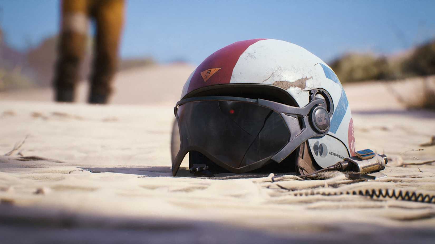 Capacete de ARC Raiders em um cenário desértico.