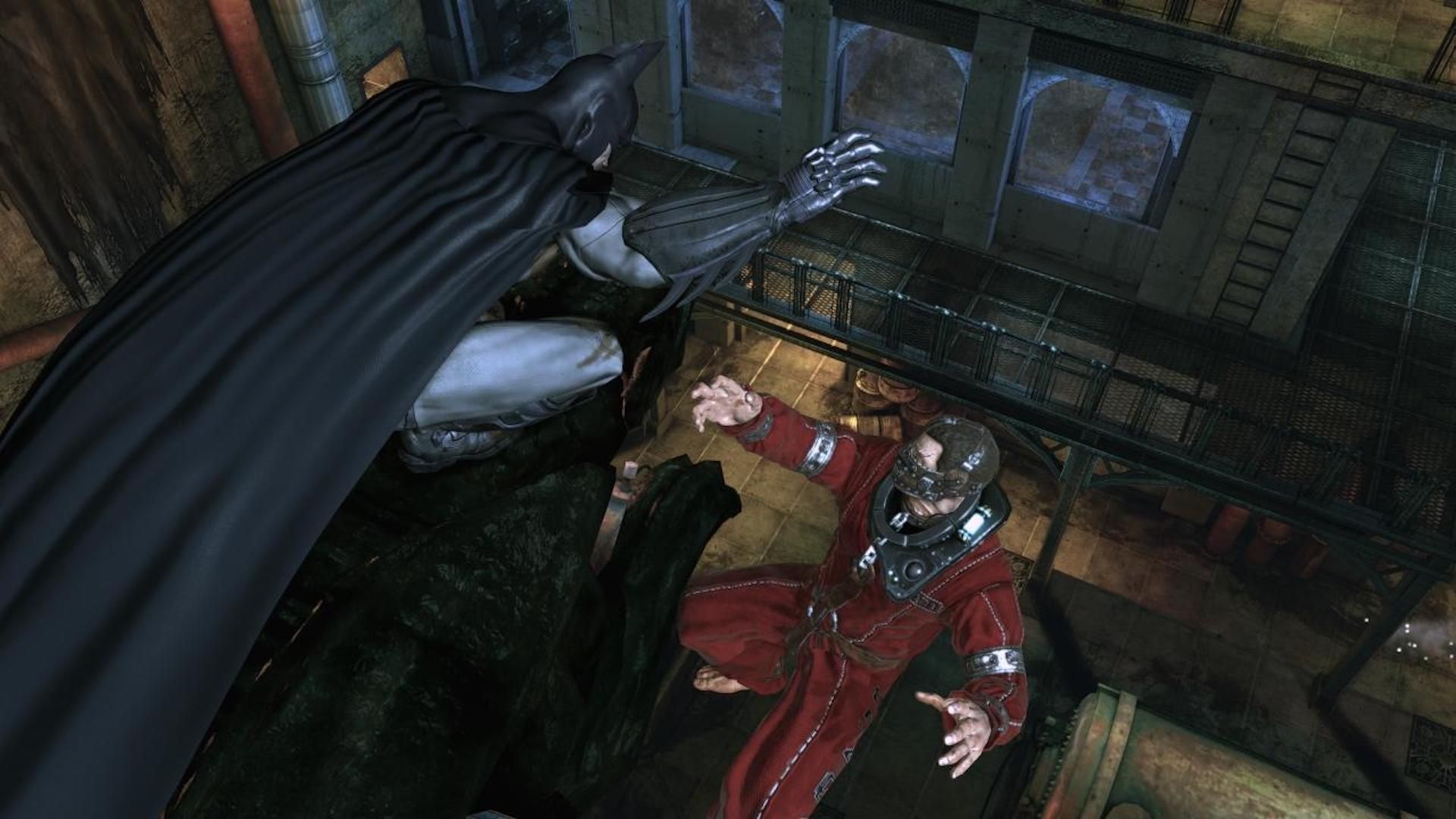 Menyerang musuh dari atas di Batman Arkham Asylum, memanfaatkan mekanik tersembunyi game