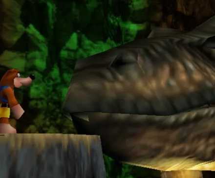 Banjo berdiri di depan kepala dinosaurus di Banjo-Tooie.