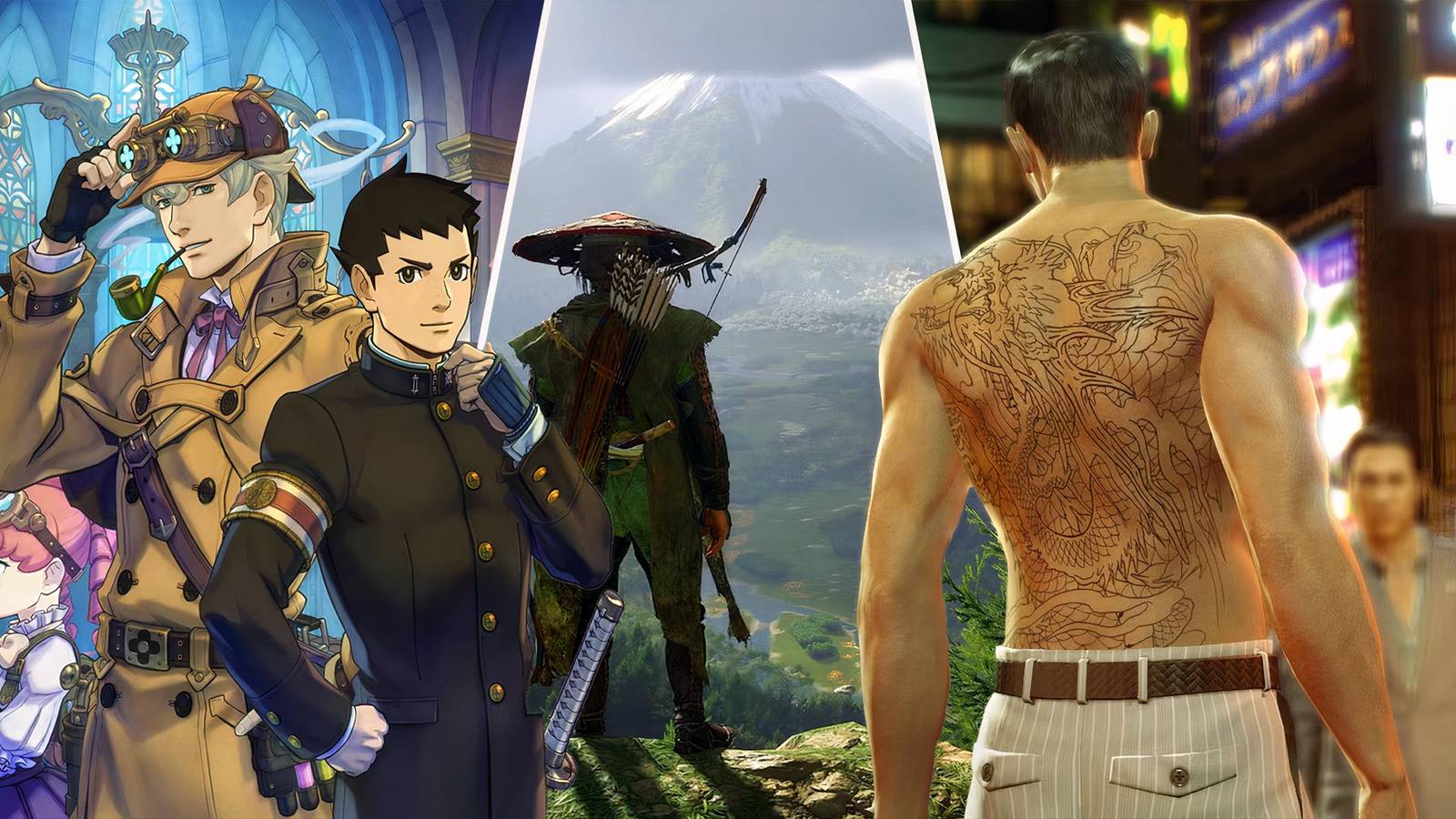 best games set in japan, yakuza like a dragon, ghost of yotei, and ace attorney