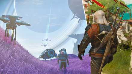 Best open world games for slow exploration Featured image, Geralt walking to No Man's Sky in The Witcher 3 Blood and Wine