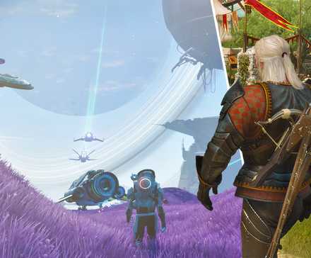 best open-world games for slow exploration feature image, geralt walking from witcher 3 blood and wine into No Man's Sky