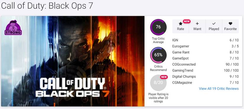 call of duty black ops 7 opencritic score