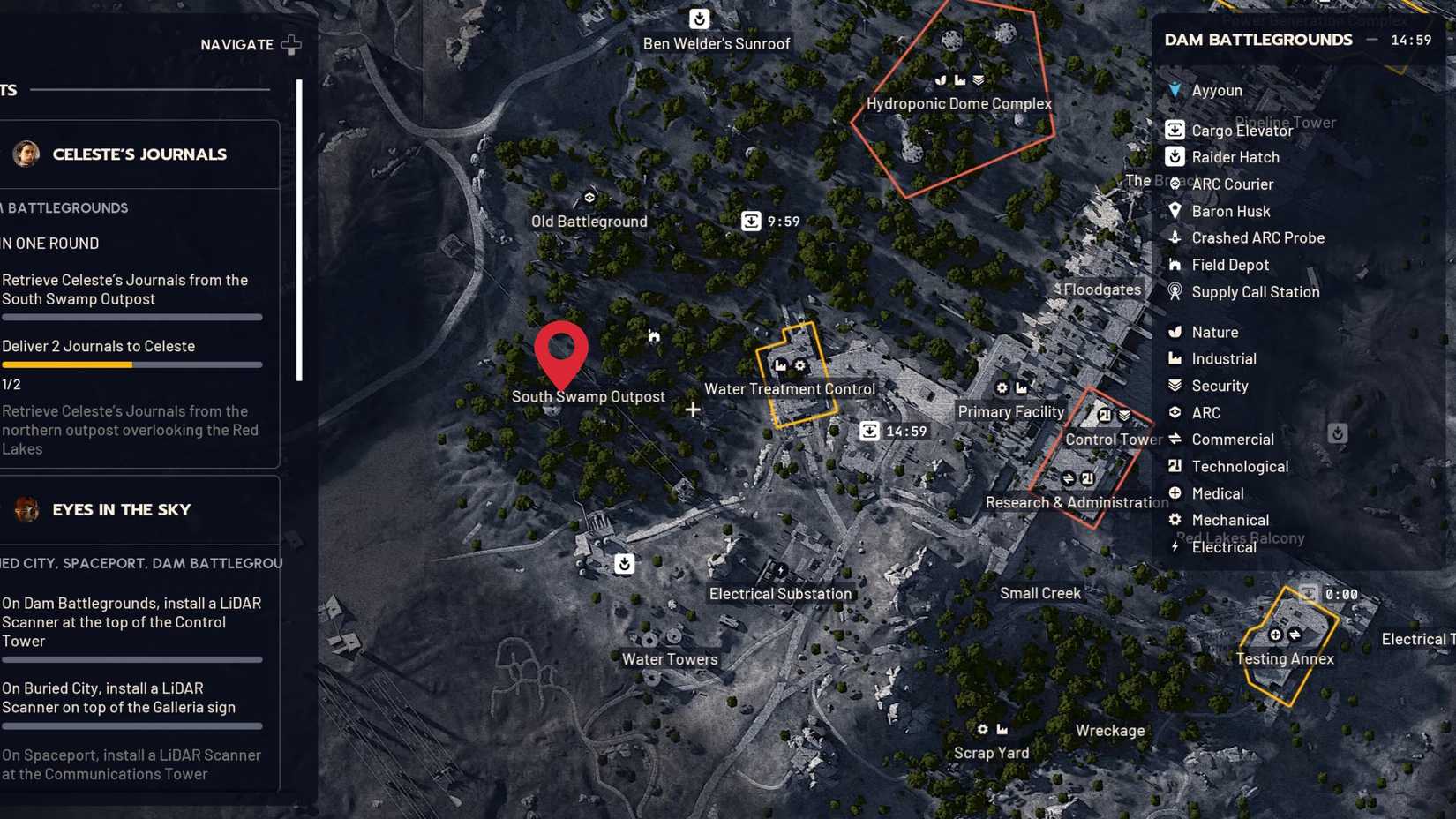 Missão Diários de Celeste ARC Raiders - Localização do Posto Avançado do Pântano Sul