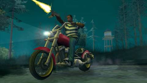 CJ shooting a machine gun while riding a motorcycle - Grand Theft Auto San Andreas