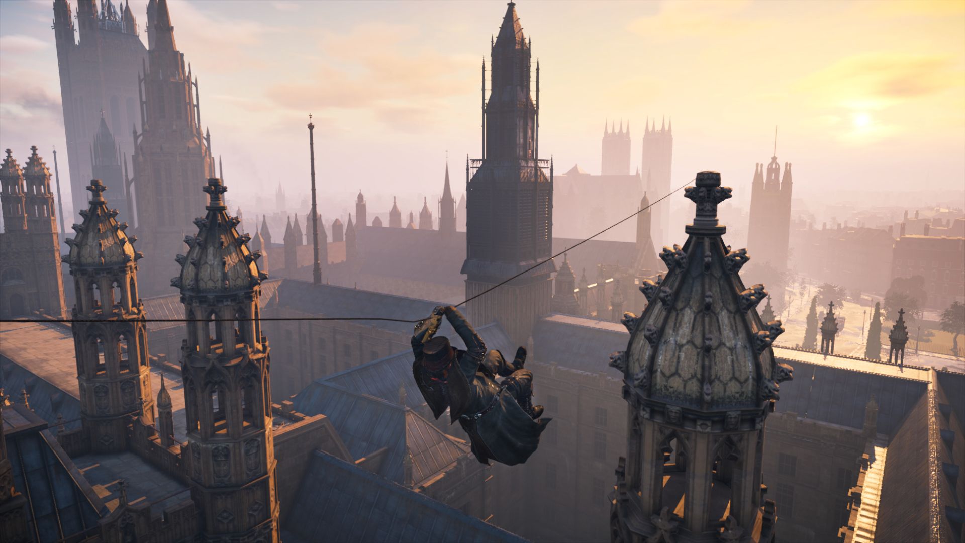 Climbing on a grappling hook in Assassin's Creed Syndicate