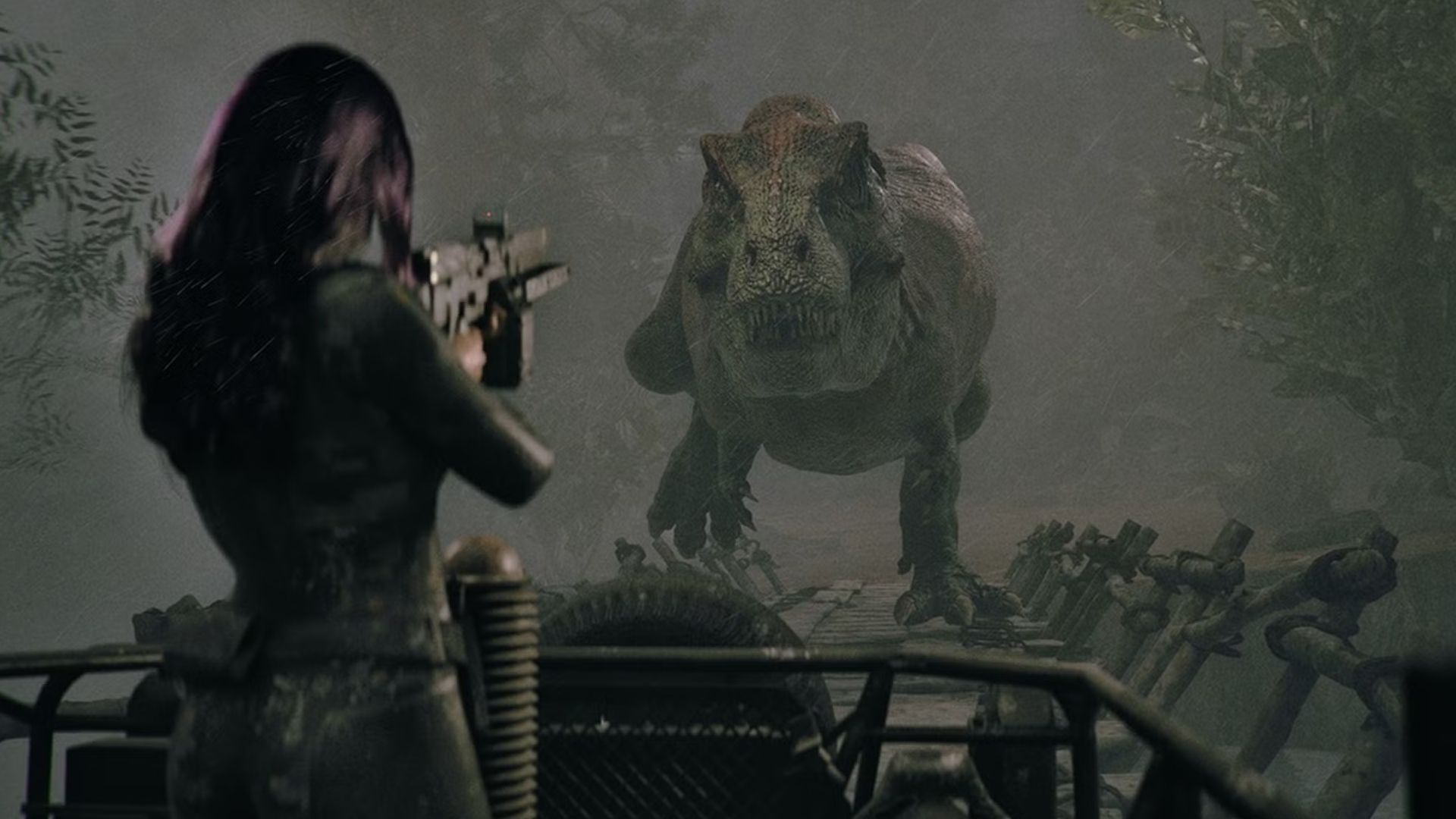 code violet aiming gun at dinosaur t rex