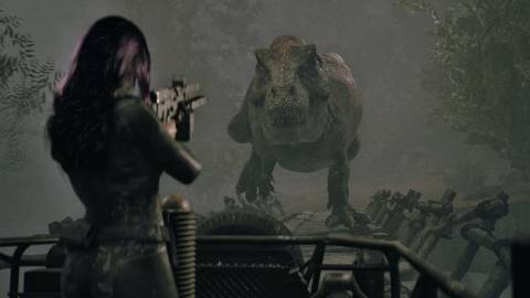 code violet aiming gun at dinosaur t rex