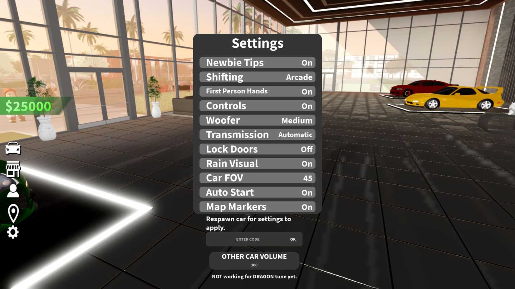 Corsa Legends - the codes tab