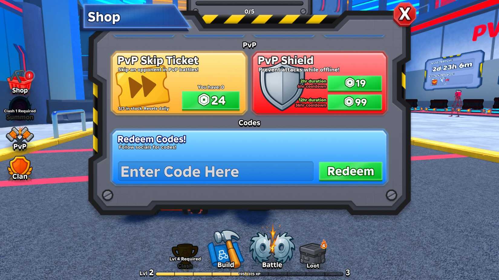Crash Bots - the codes tab
