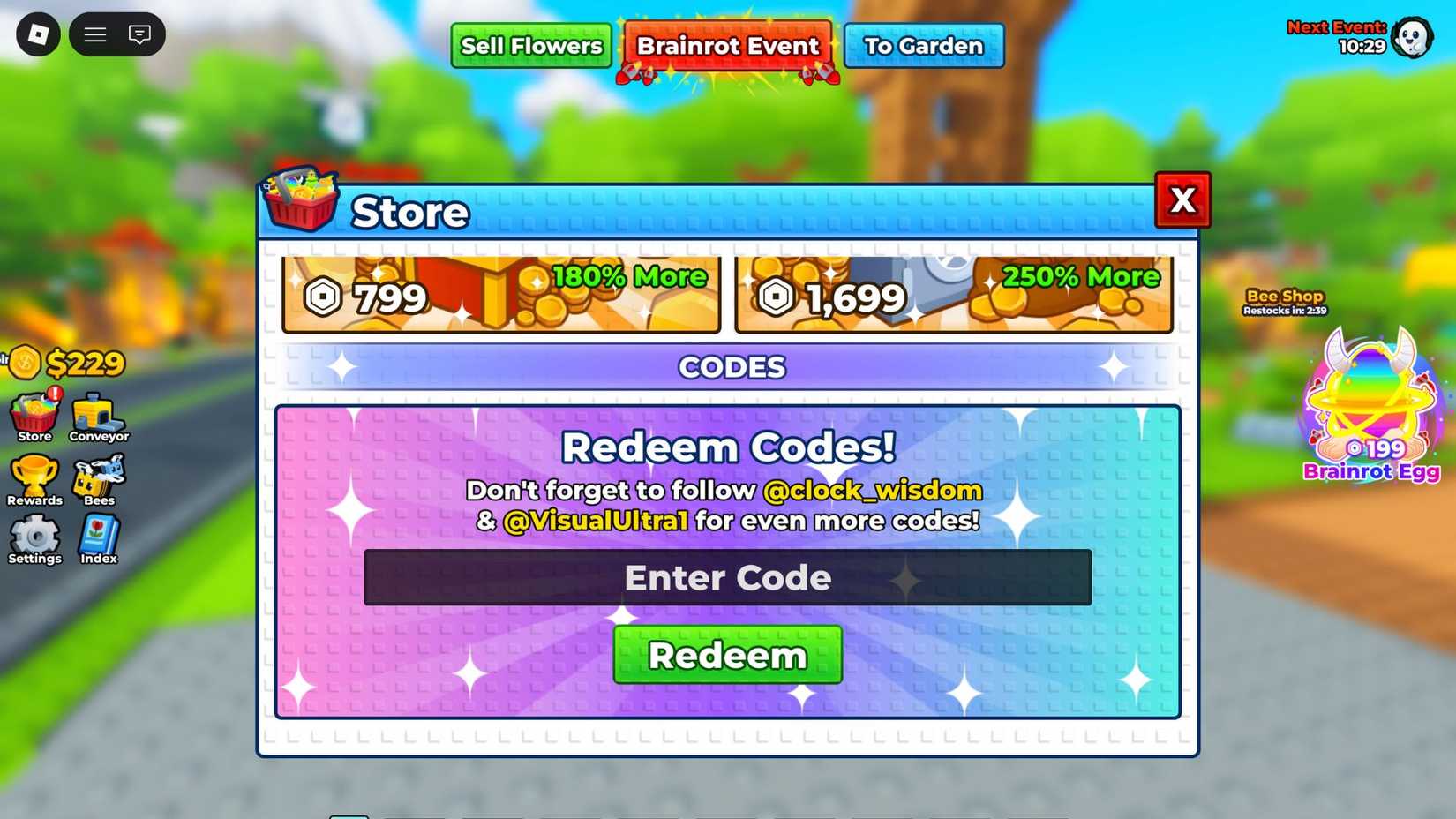 Bee Garden the codes tab