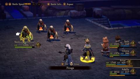 Fighting a battle against skeletons in Bravely Default 2