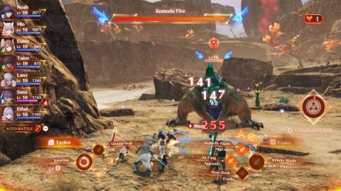 Fighting a battle in a desert area in Xenoblade Chronicles 3