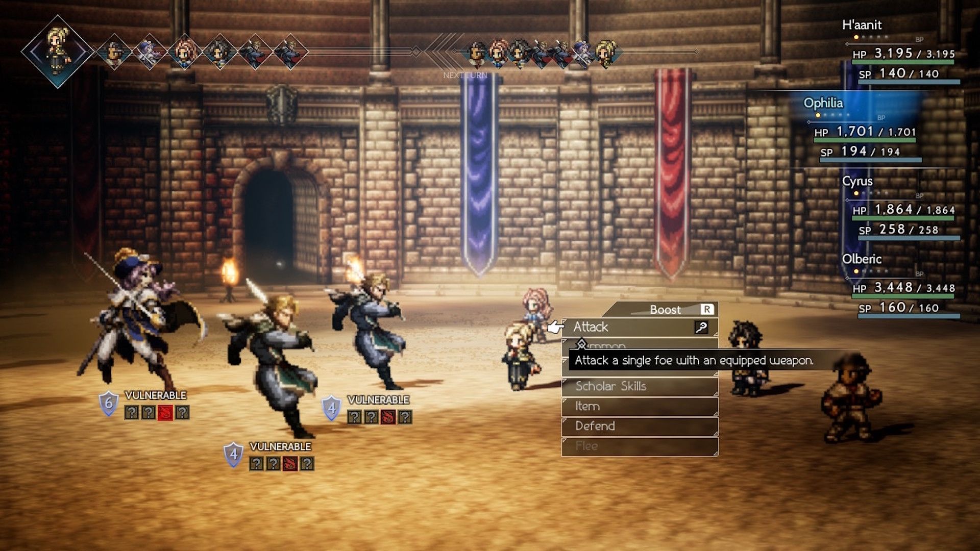 Fighting a battle in an arena in Octopath Traveler (2018)