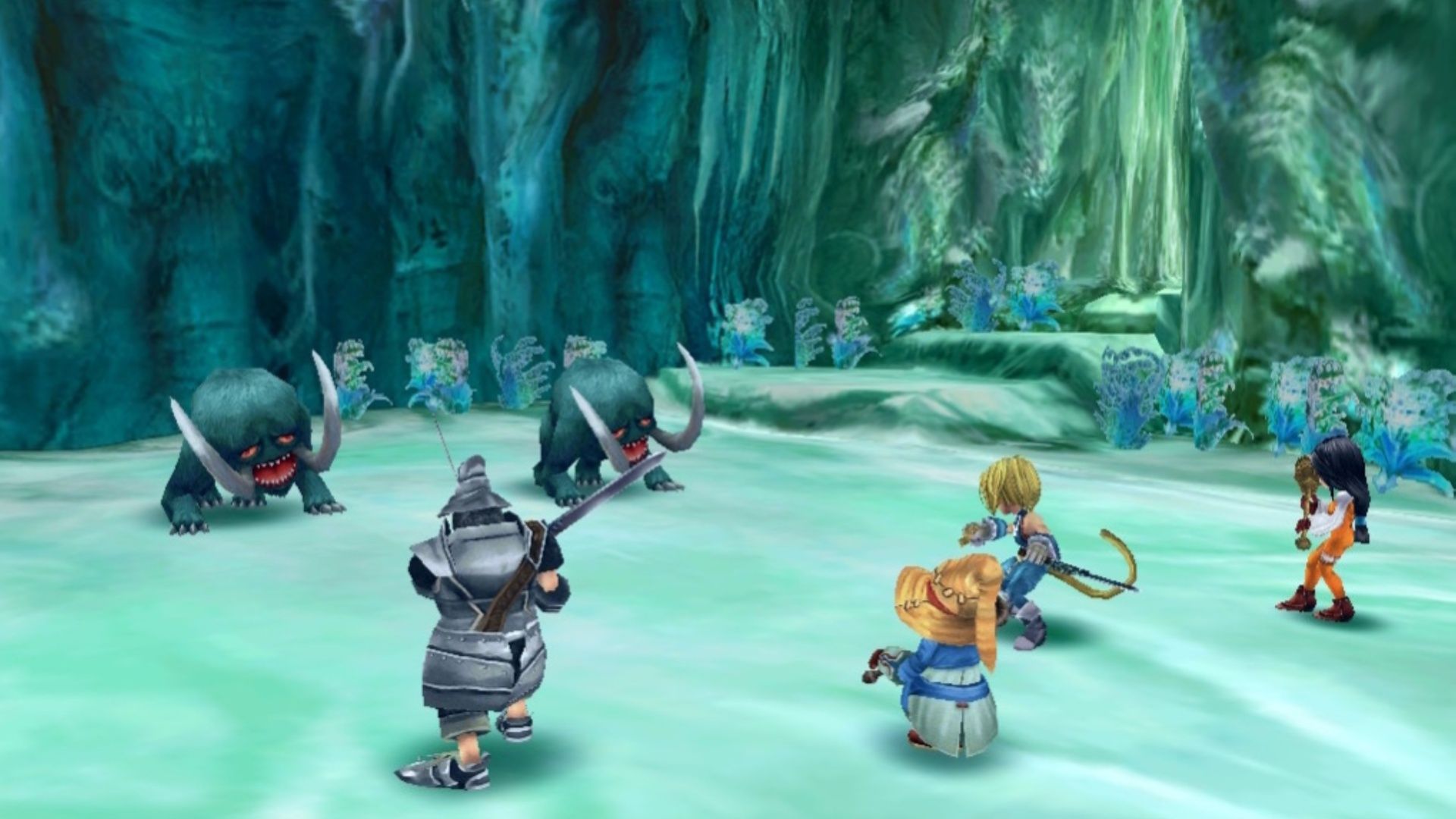 Fighting a battle in an ice cave in Final Fantasy 9