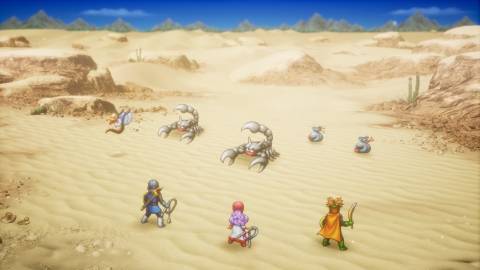 Fighting a battle in the Oasis in Dragon Quest 2 Remake