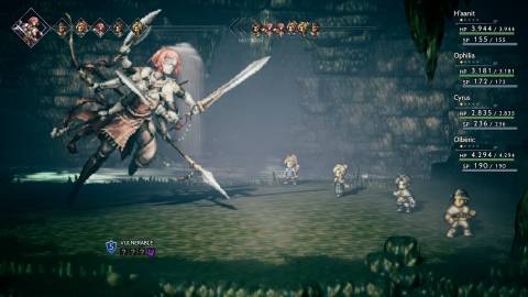 Fighting a boss battle in Octopath Traveler (2018)