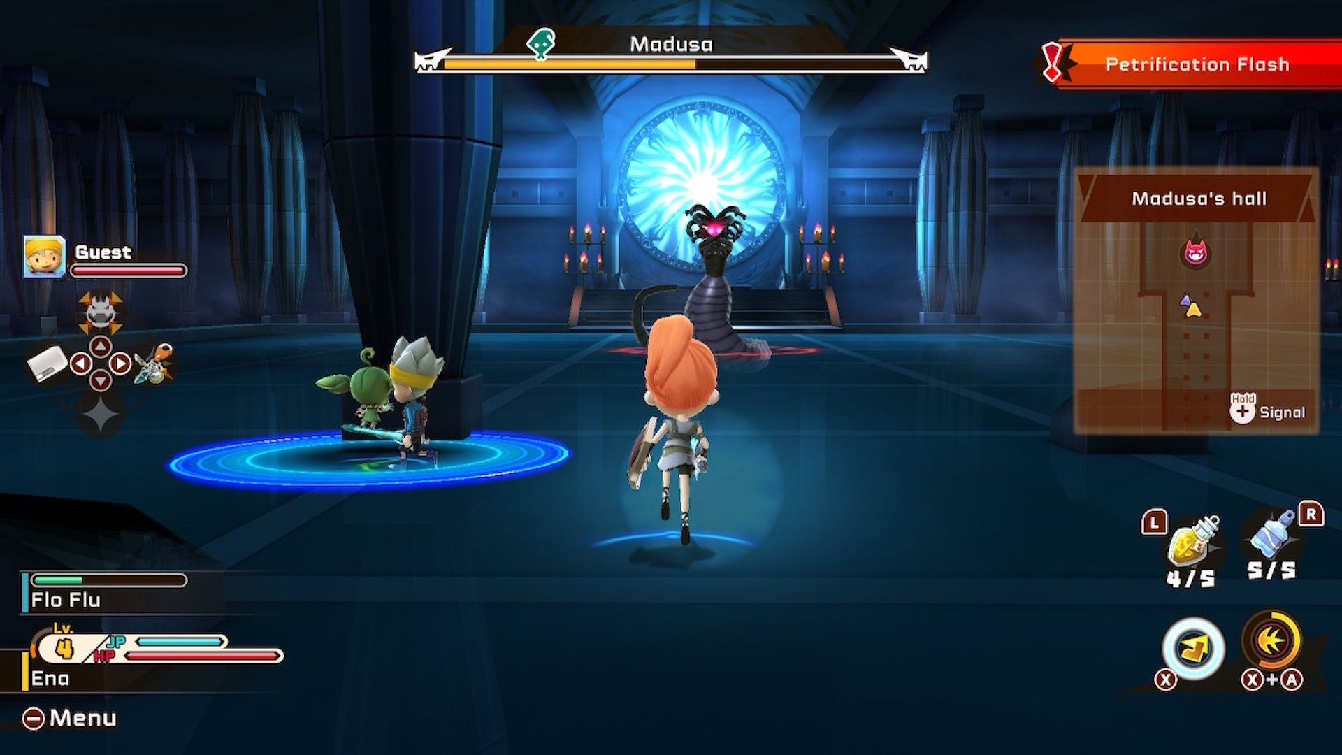 Fighting a boss in Snack World The Dungeon Crawl Gold