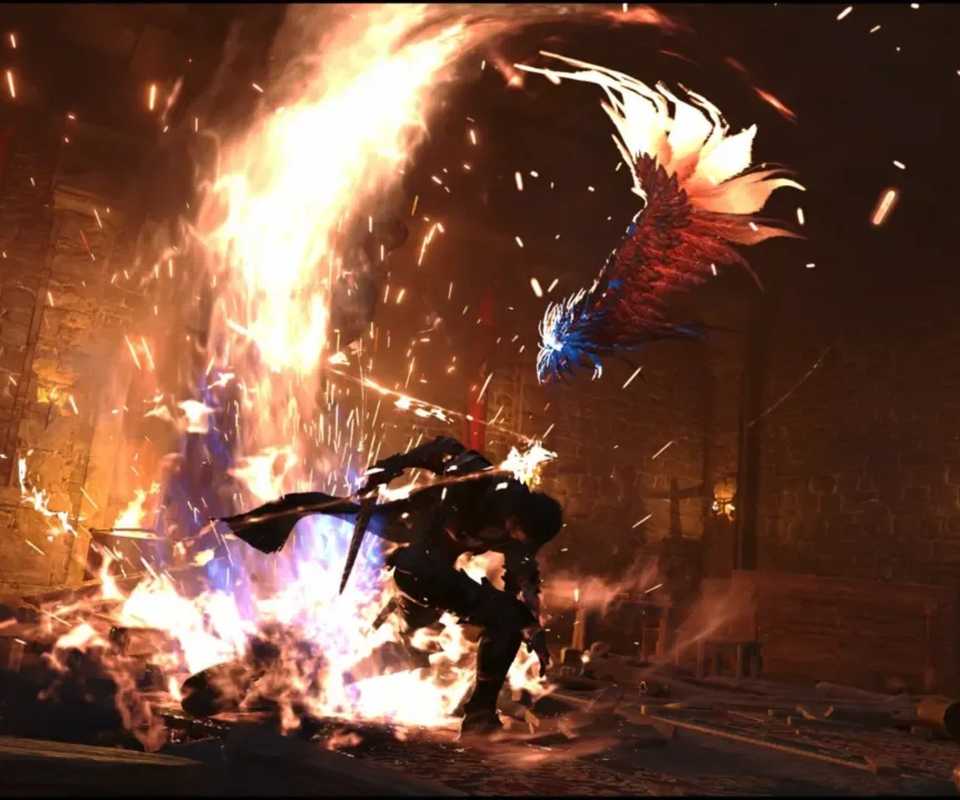 Clive melancarkan serangan api di Final Fantasy 16, menandai perubahan gameplay.