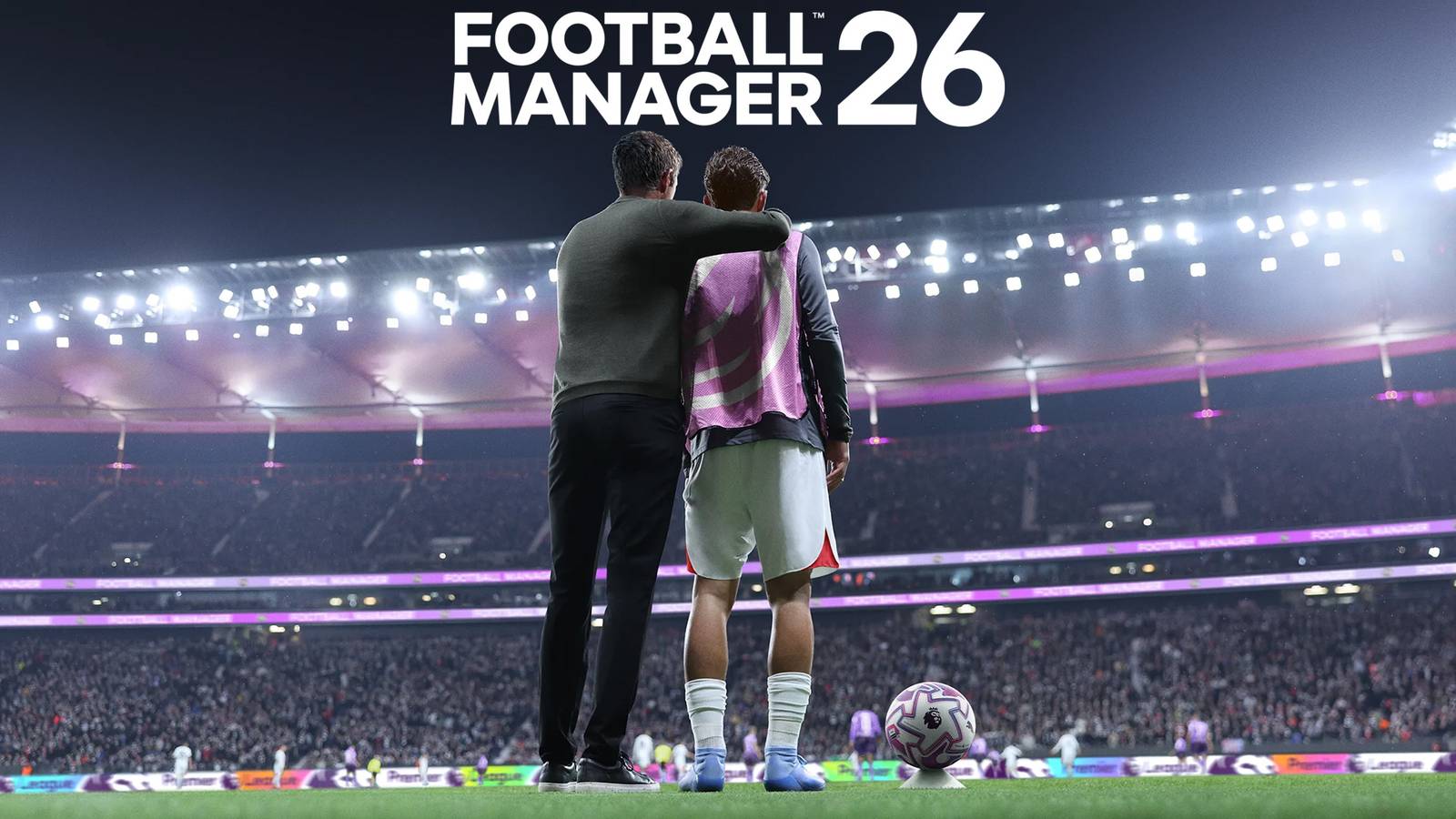 Football Manager 26 promo render substitute illustration with white game logo