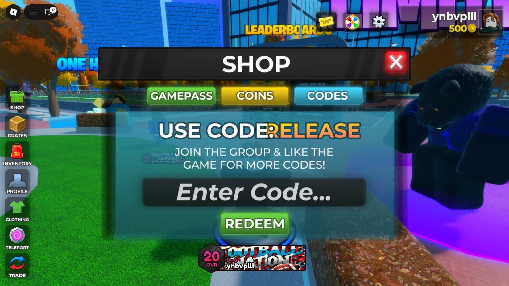 Football Nation the codes tab