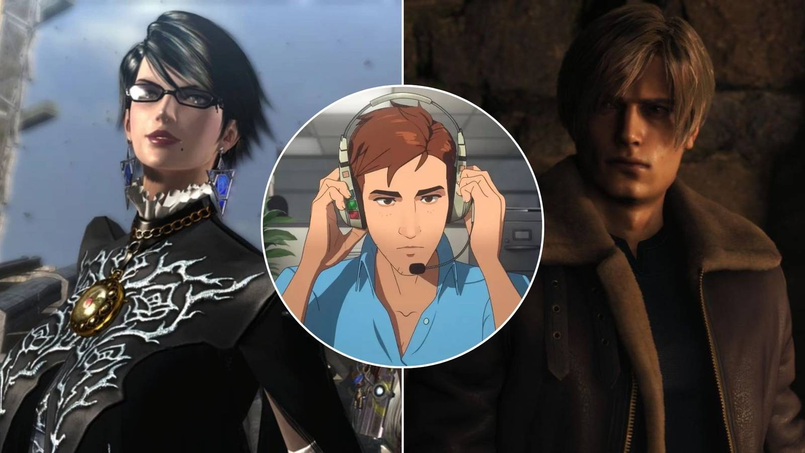 A collage of characters from games with not a single bad chapter in them: Bayonetta from Bayonetta 2, Robert from Dispatch and Leon Kennedy from Resident Evil 4 Remake.
