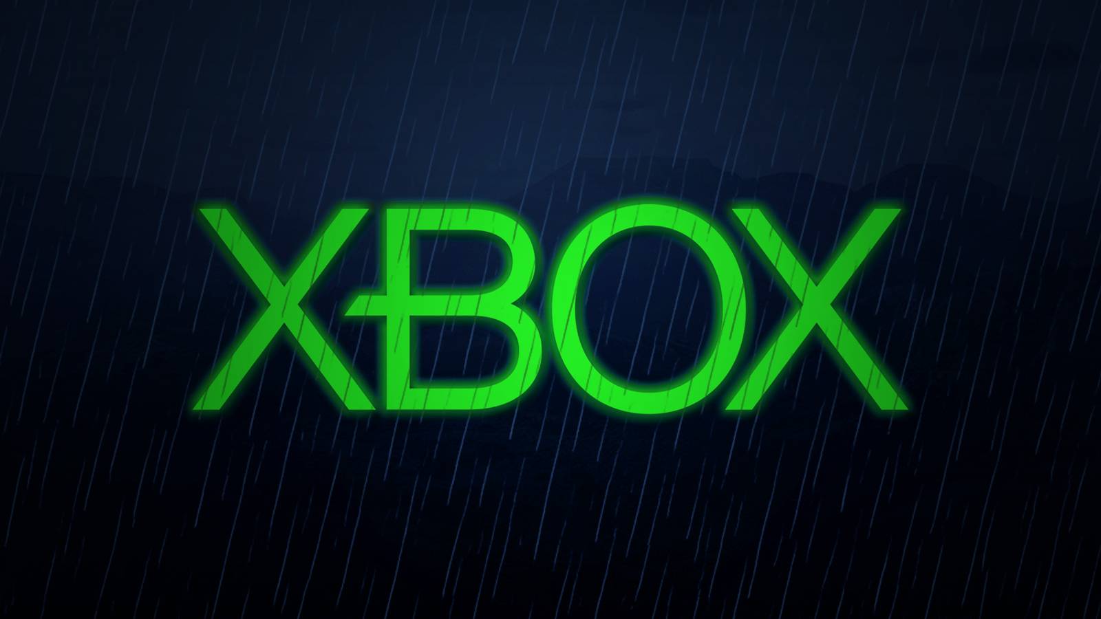 glowing fluorescent Xbox logo typeface in heavy rainfall composite