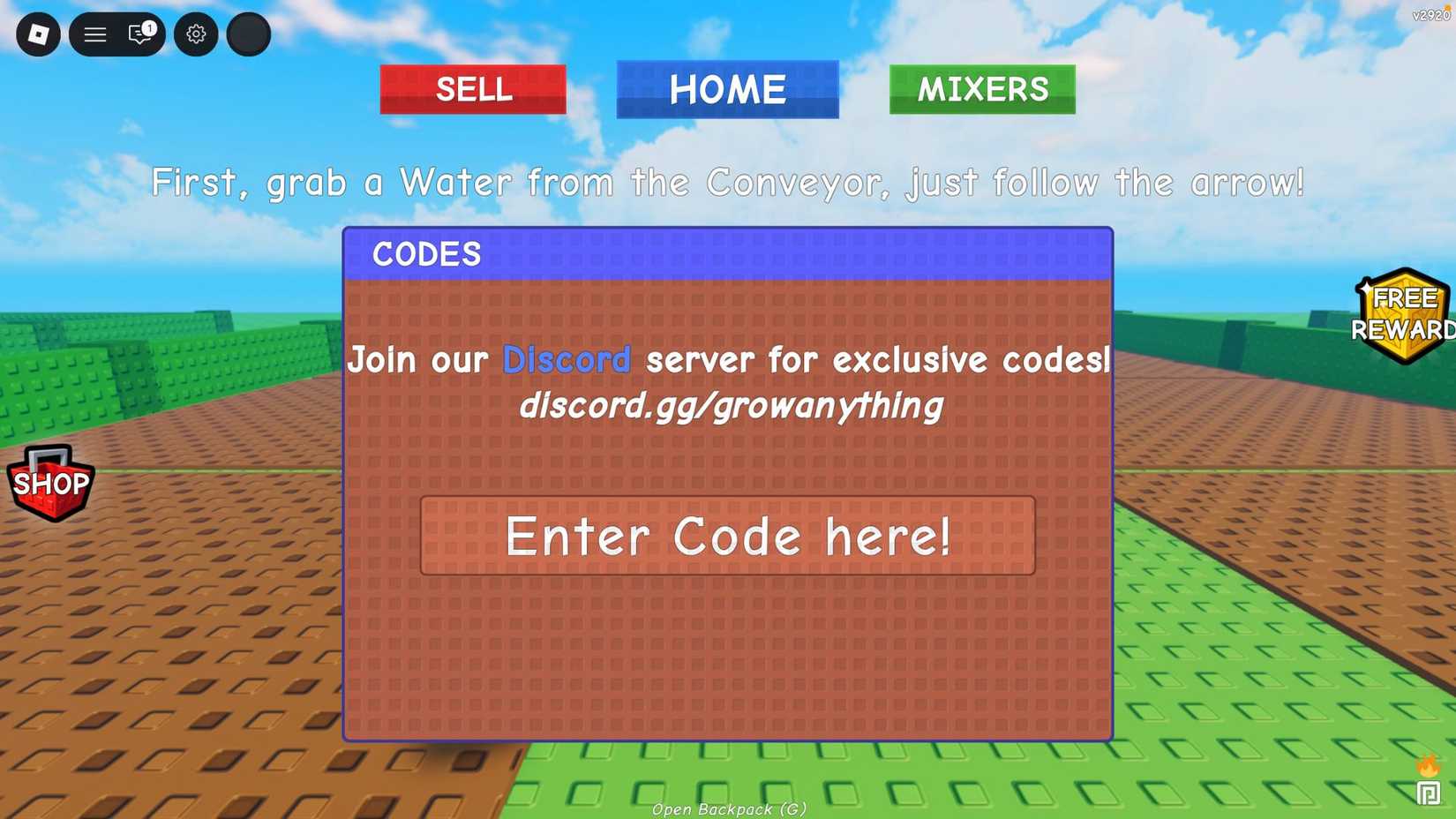 Grow Anything - the codes tab