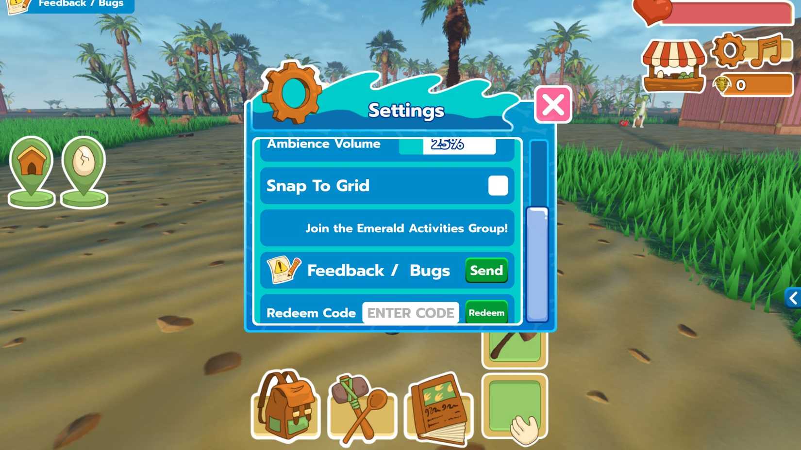 Hatch & Craft: Prehistoric Paradise - the codes tab