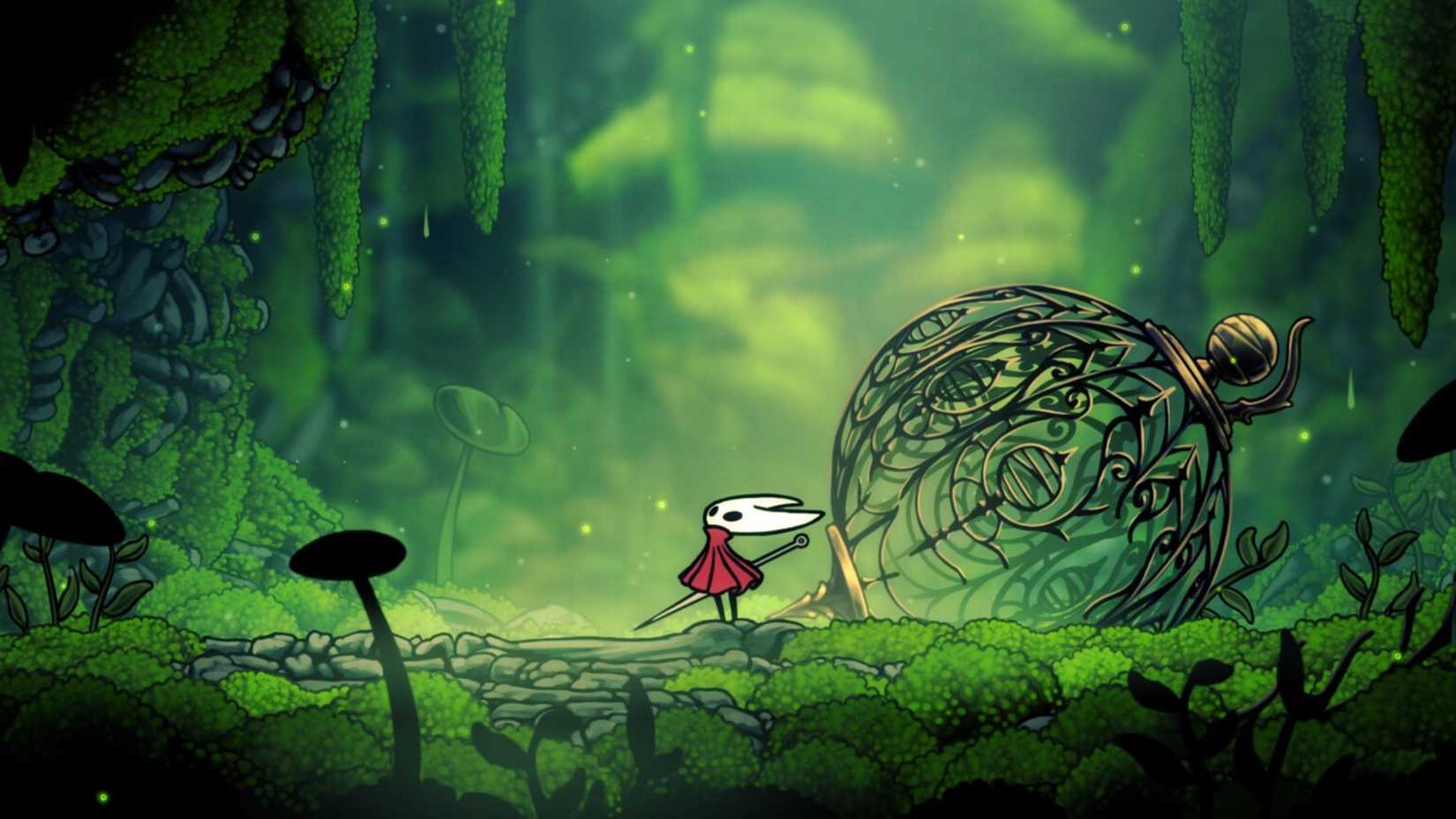 Cena de abertura de Hollow Knight: Silksong, mostrando a protagonista Hornet em um novo ambiente.