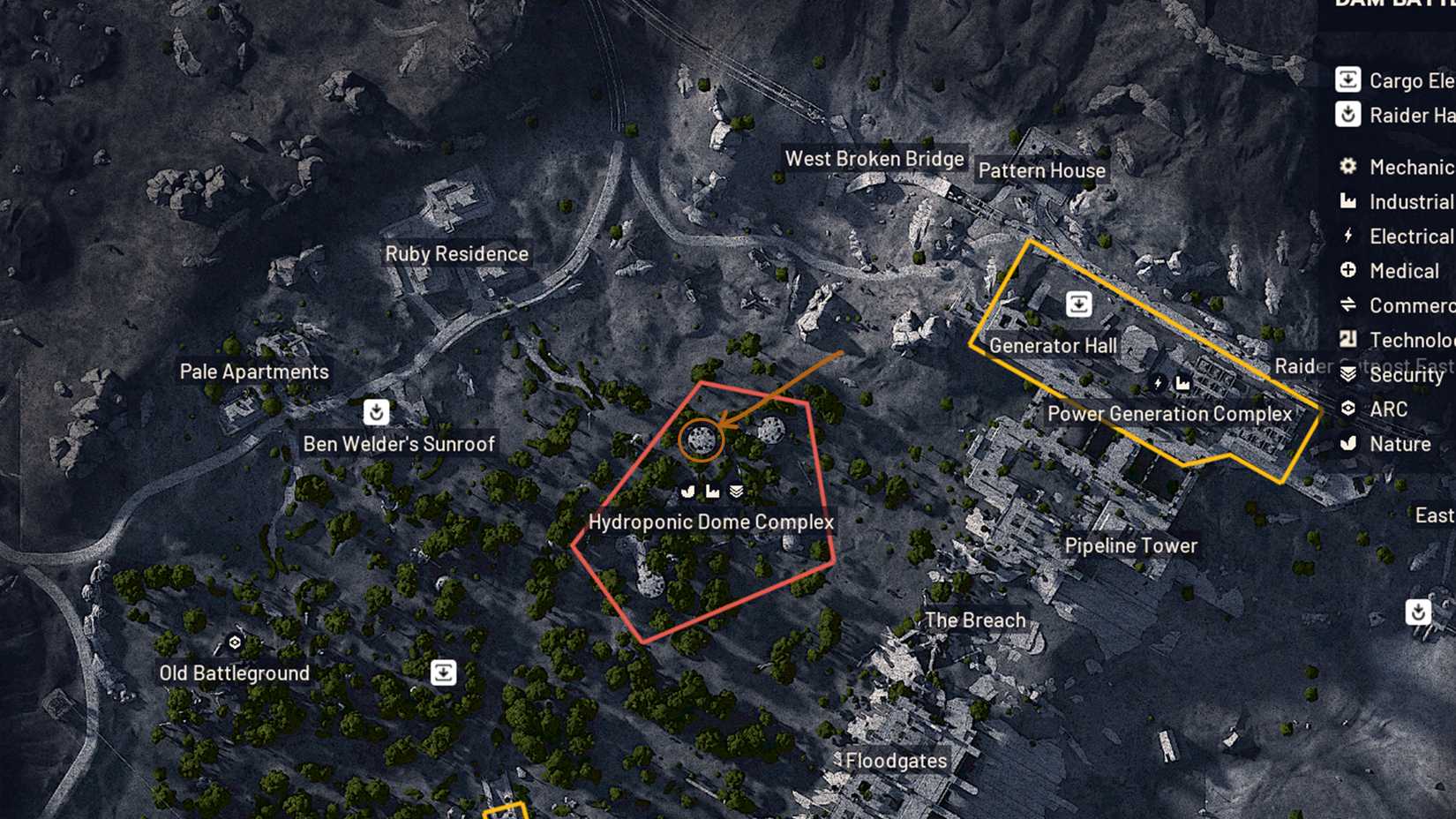 Hydroponic Dome Complex Data Archive location on the map in ARC Raiders