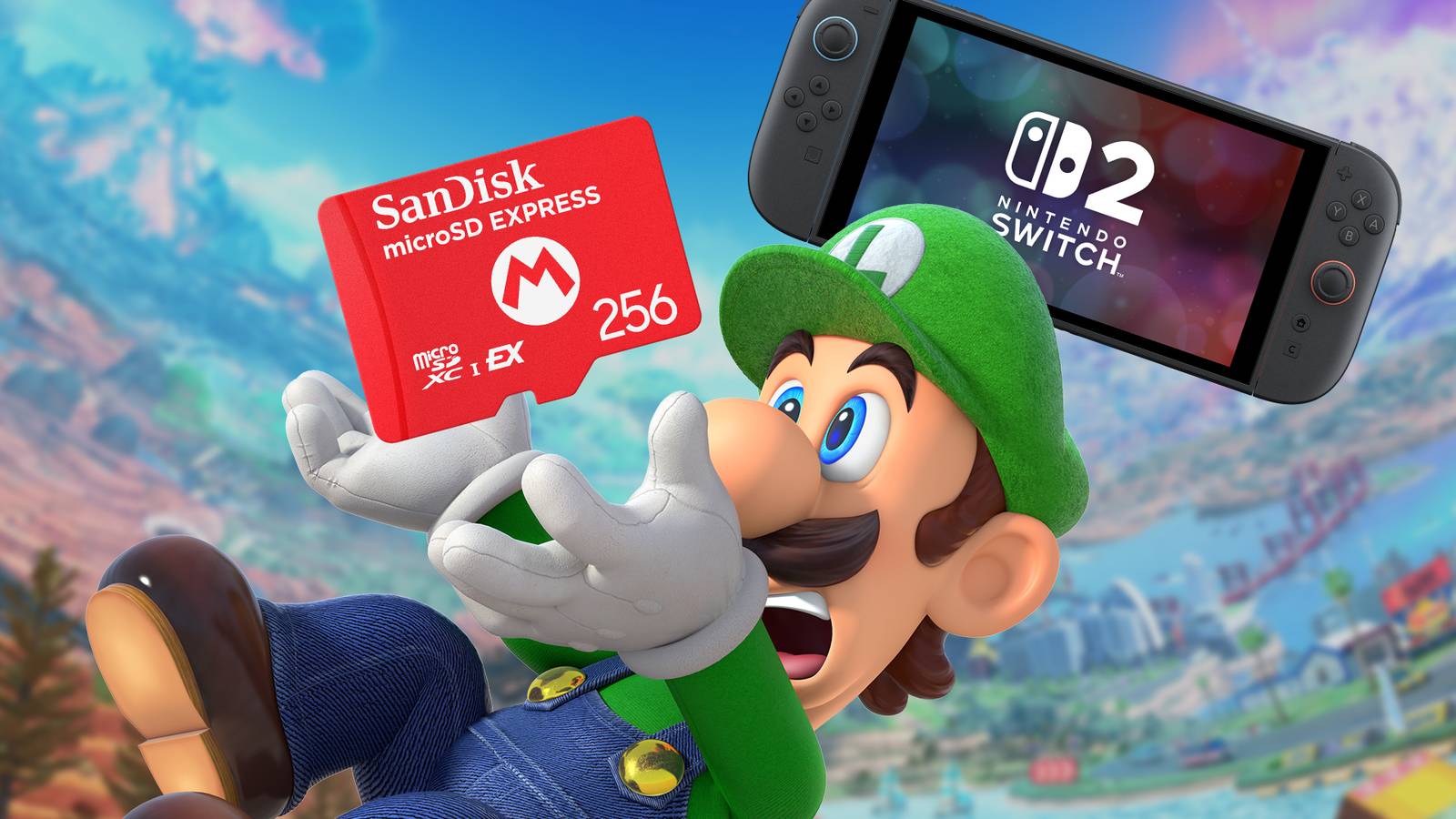 Luigi handling Nintendo Switch 2 microSD Express SanDisk card composite