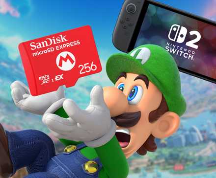 Luigi handling Nintendo Switch 2 microSD Express SanDisk card composite