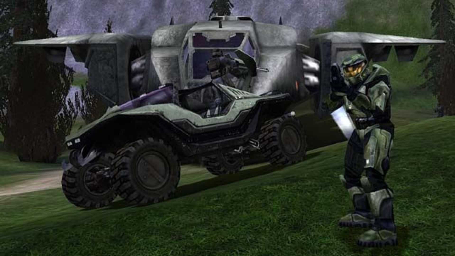 Master Chief in front of a Warthog - Halo Combat Evolved