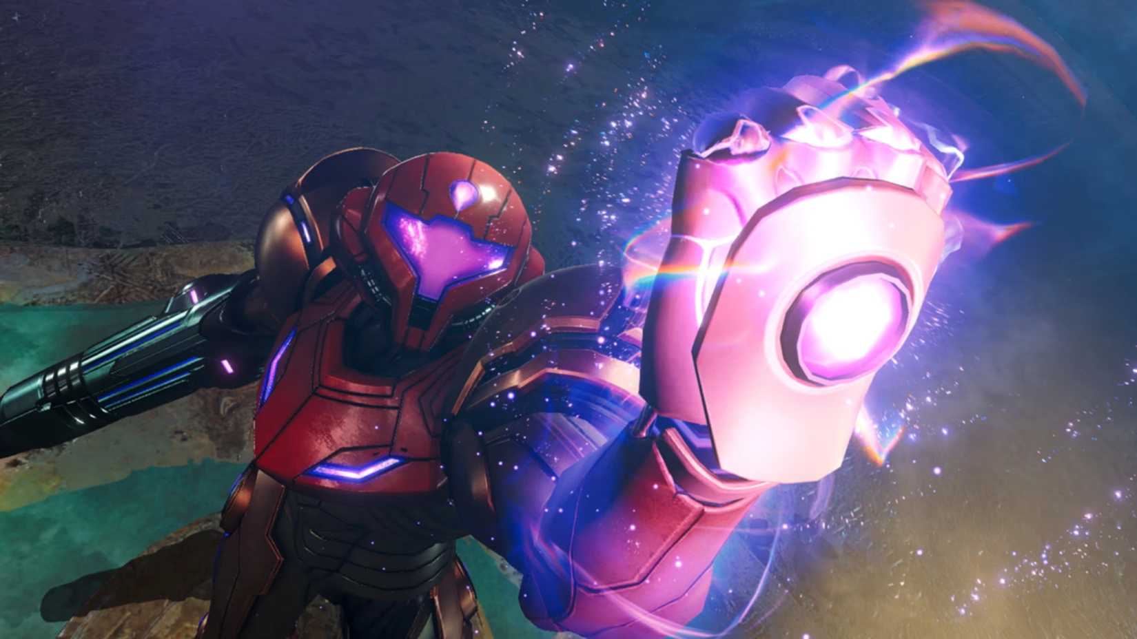 Samus com o punho erguido e poder psíquico em Metroid Prime 4: Beyond