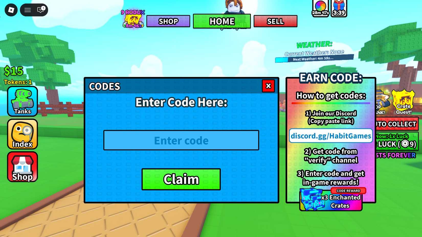 My tank farm on the codes tab